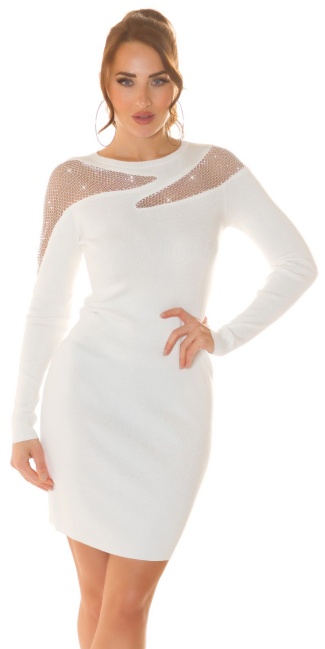 Gebreide jurk met net uitsparingen & glitter wit